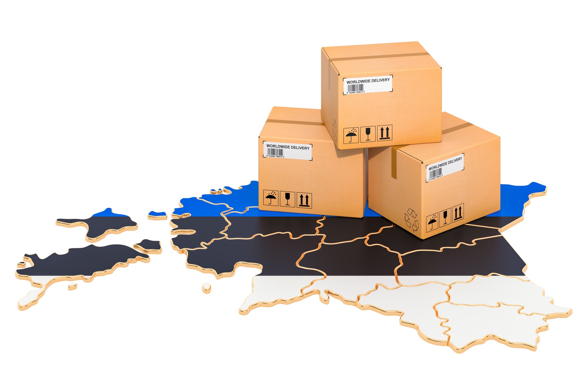 Parcels on the Estonian map. Shipping in Estonia, concept. 3D rendering isolated on white background