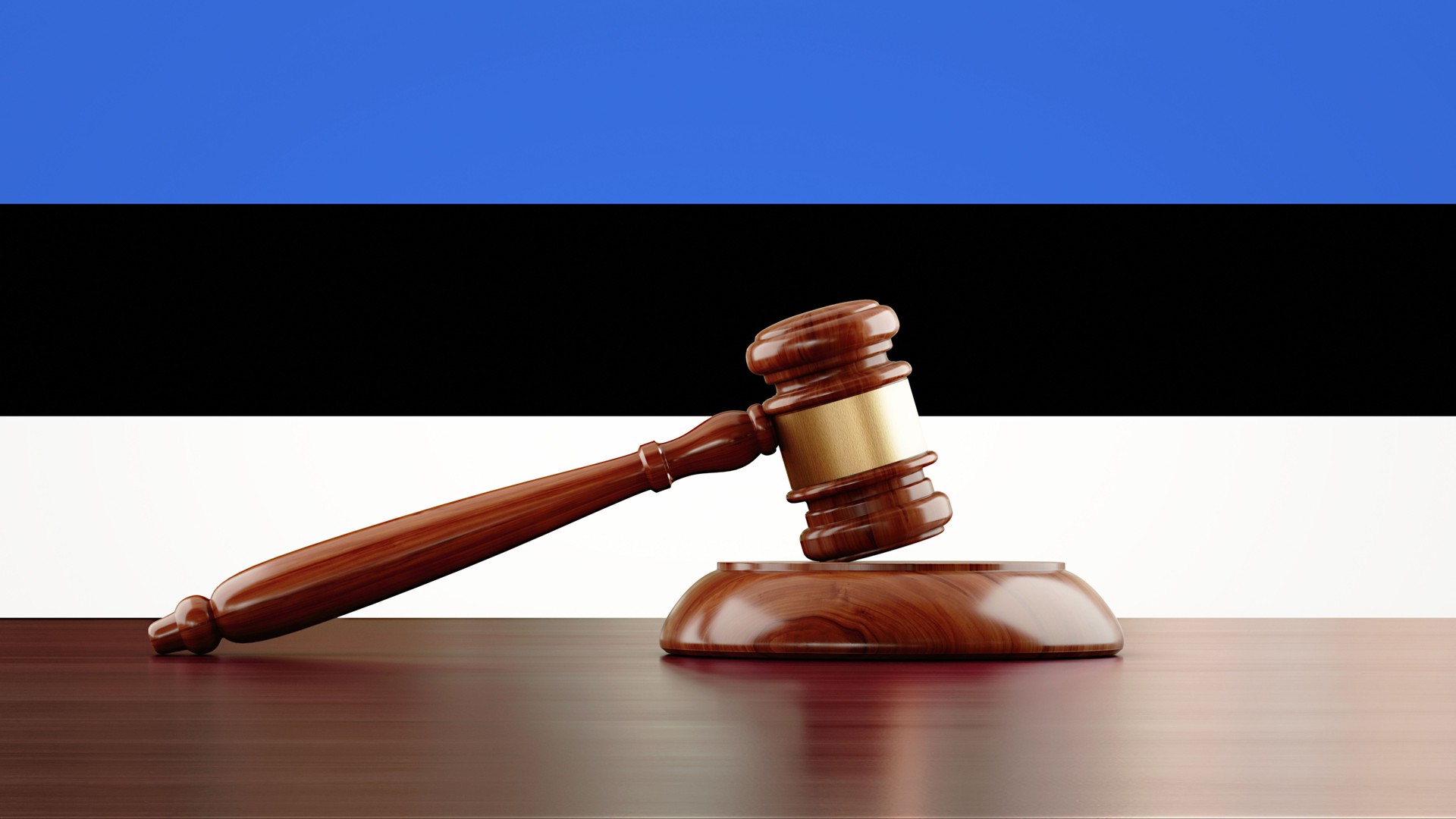 Wooden Gavel In Front Of Estonian Flag